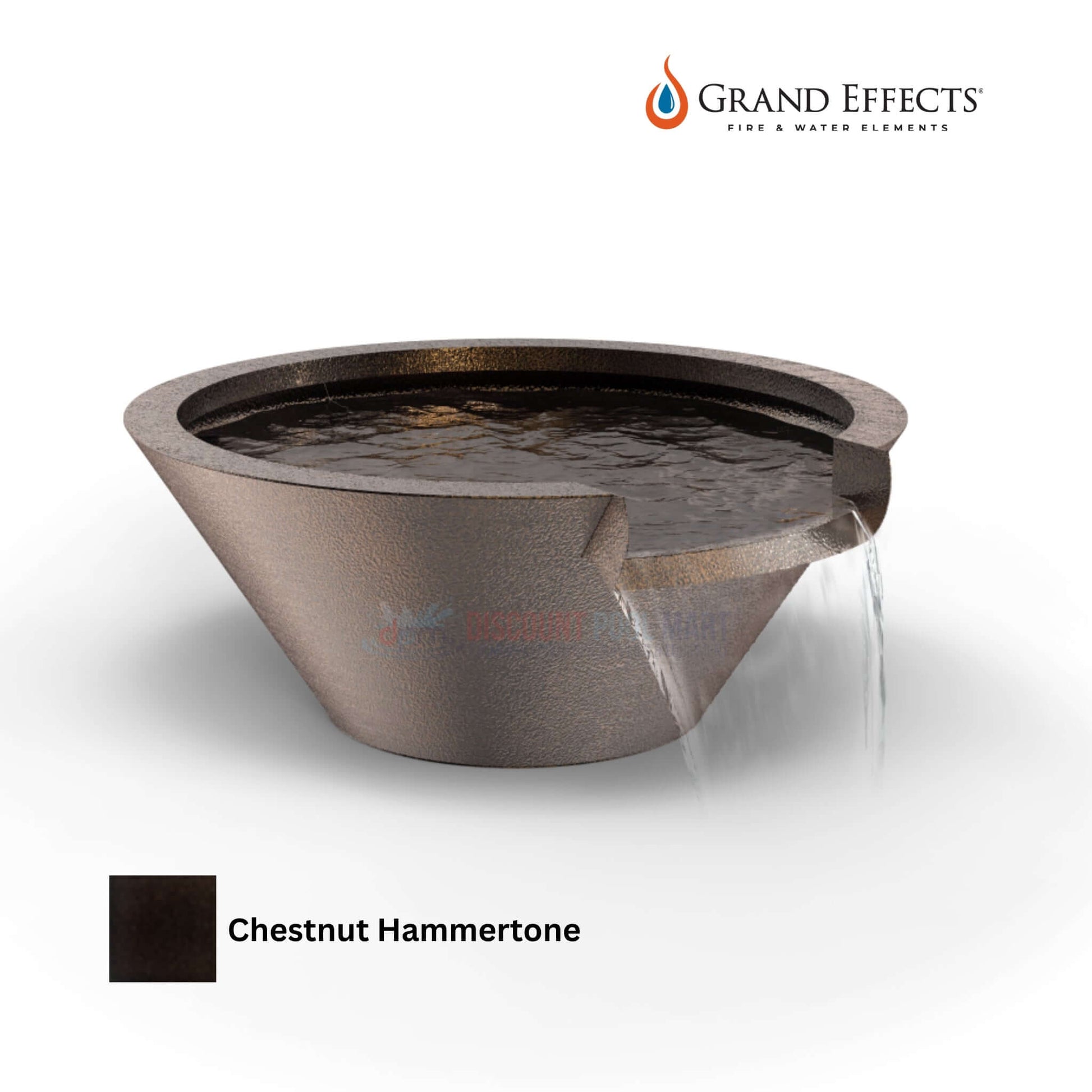 Grand Effects Round Essex Water Bowl in Chestnut Hammertone, Seamless Lip. SKU: DPM-12345. Premium outdoor feature.