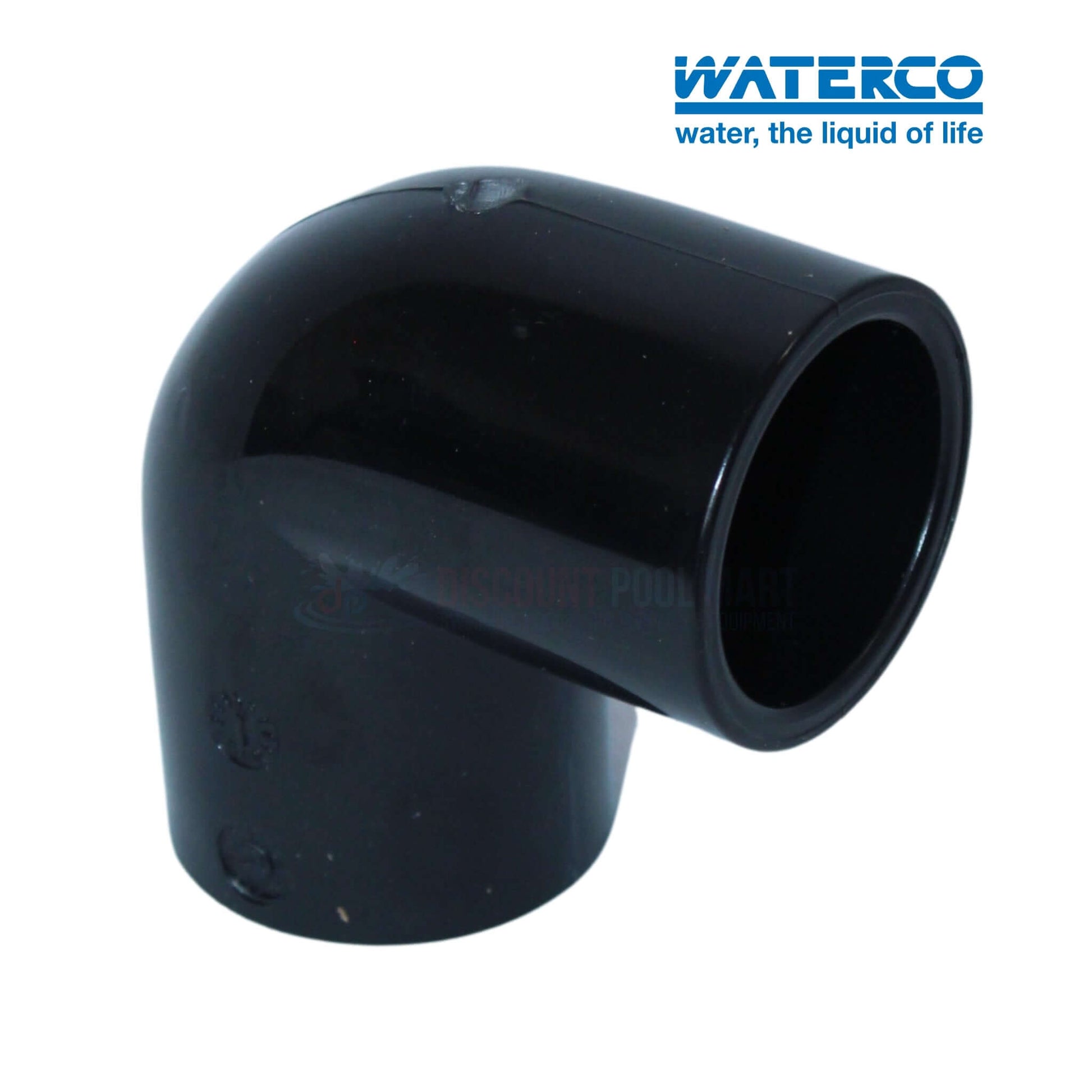 Waterco 2-inch black elbow fitting for pool plumbing at Discount Pool Mart DPM, designed for efficient water flow.