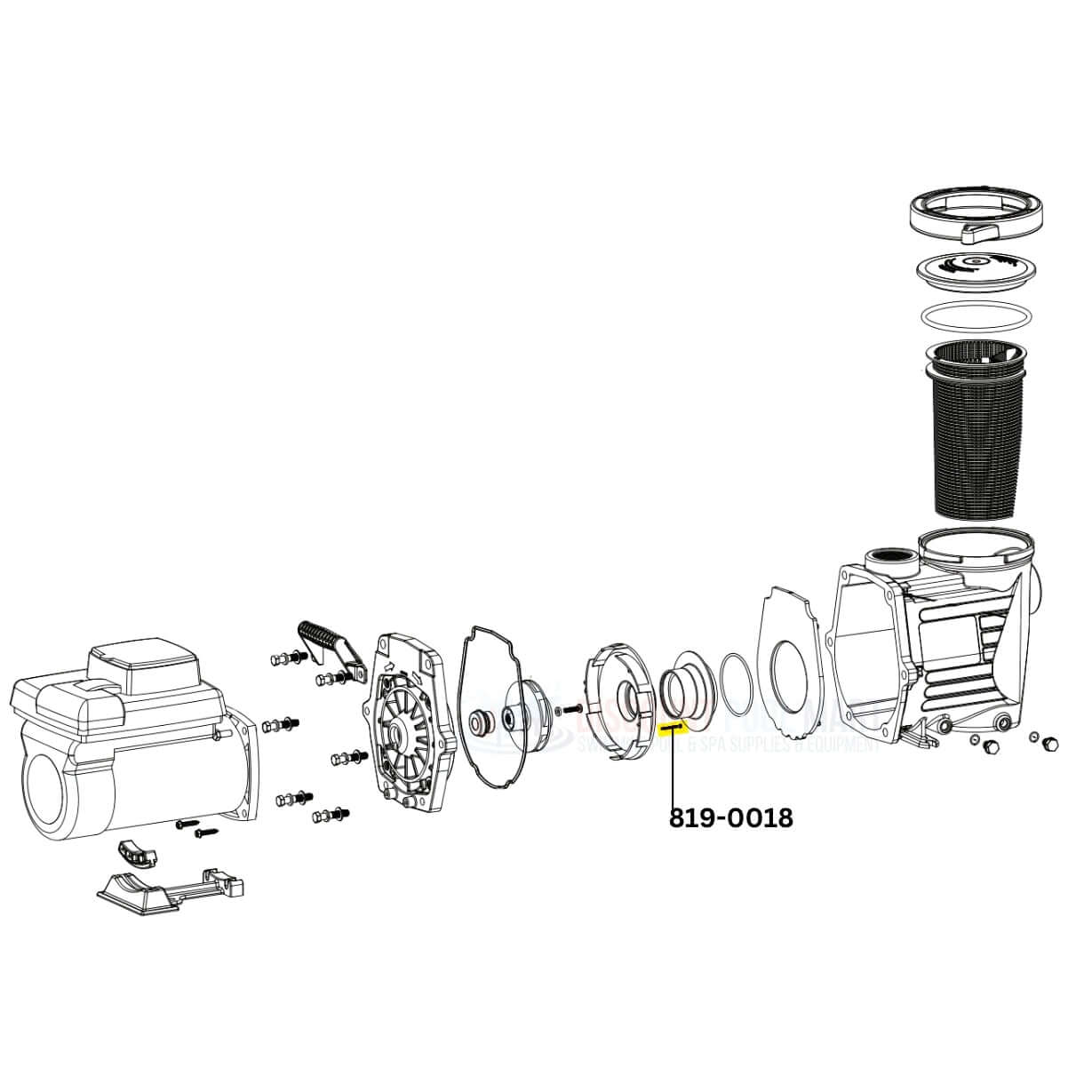 Exploded view diagram of Waterway Diffuser Screw 819-0018, essential for pool pumps, from Discount Pool Mart DPM.