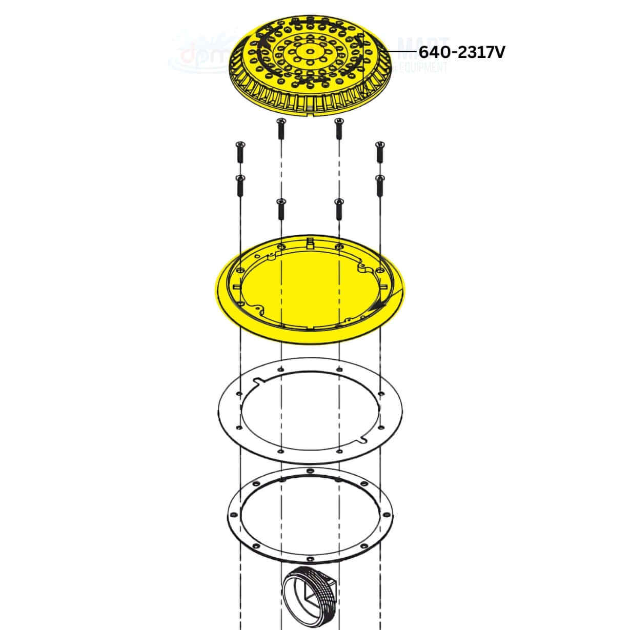 Exploded view diagram of Waterway 640-2317V anti-vortex drain cover components available at Discount Pool Mart DPM.