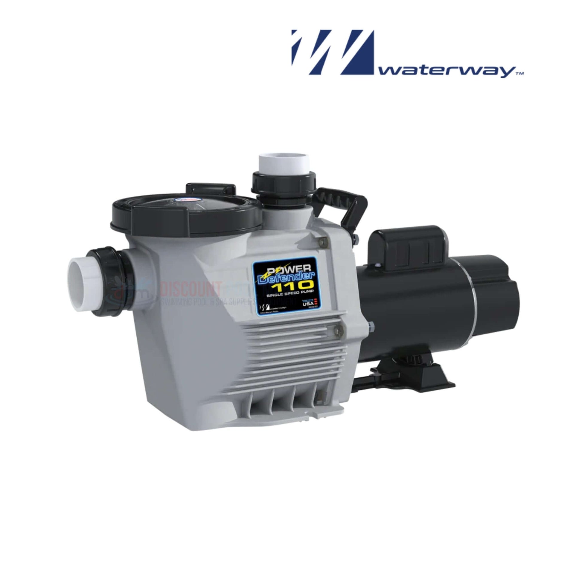 Waterway Power Defender PD-110 single speed pool pump 1.10 HP from Discount Pool Mart DPM, quiet and efficient.