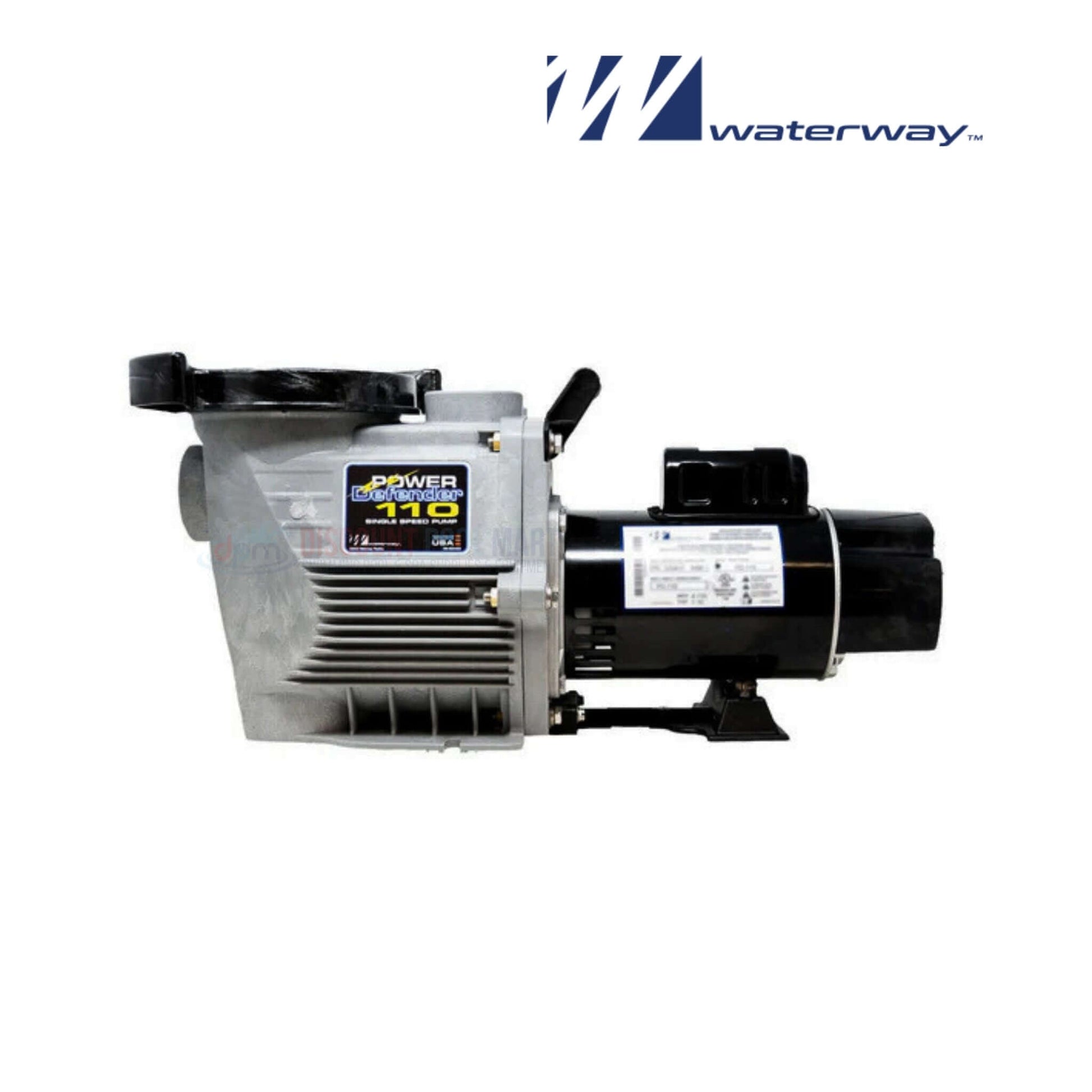 Waterway Power Defender PD-110 1.10 HP single speed pool pump from Discount Pool Mart (DPM). Quiet & efficient design.