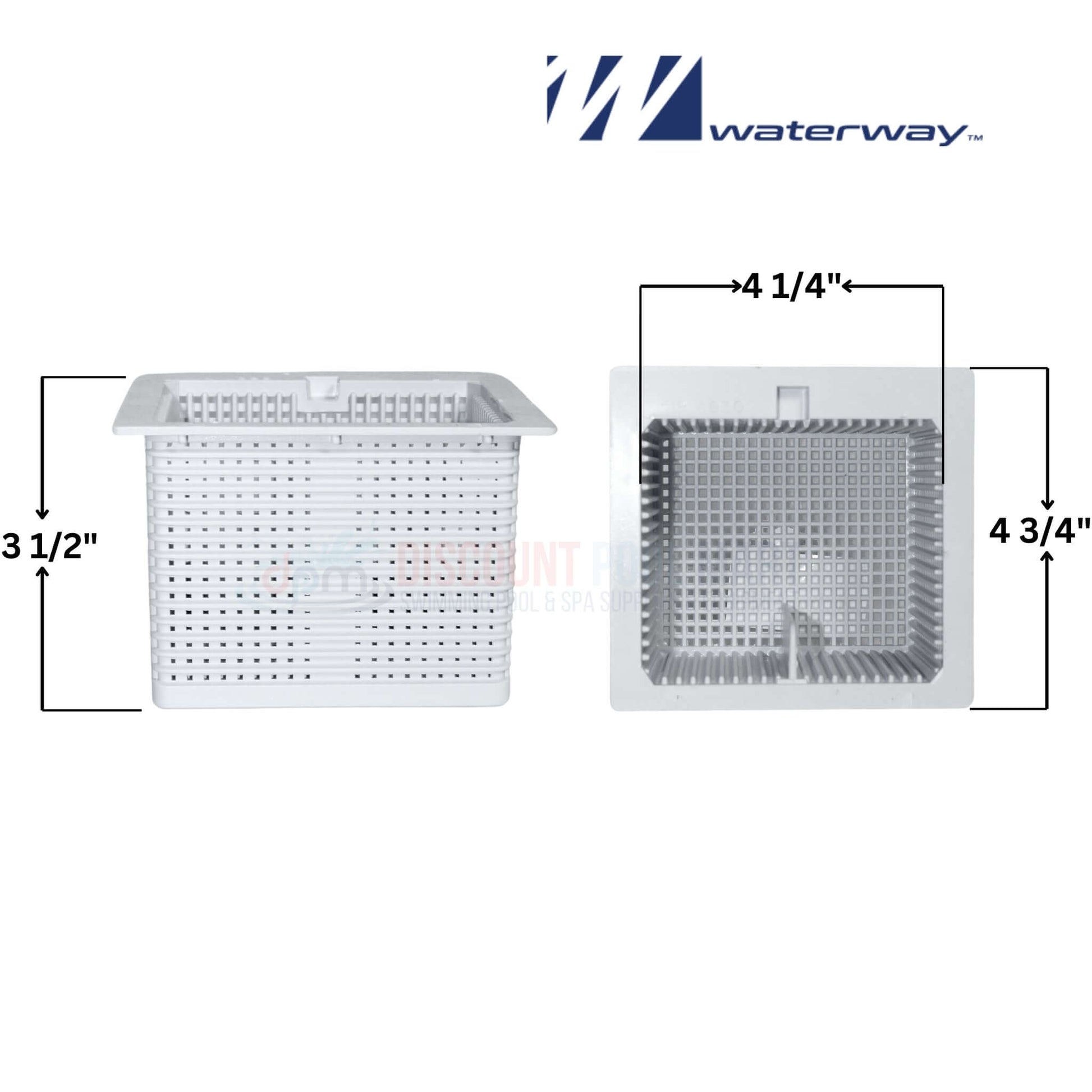Waterway Skim Filter Basket, Square design, dimensions 4 1/4" x 4 3/4", from Discount Pool Mart DPM for effective spa debris capture.