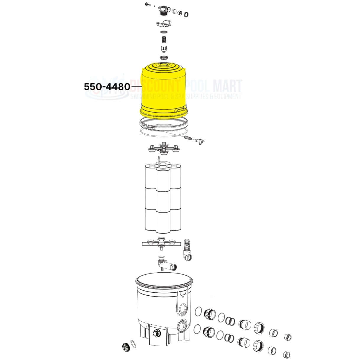 Waterway Tank Lid 550-4480 for Crystal Water 525 Cartridge Filters from Discount Pool Mart DPM, precise assembly diagram.