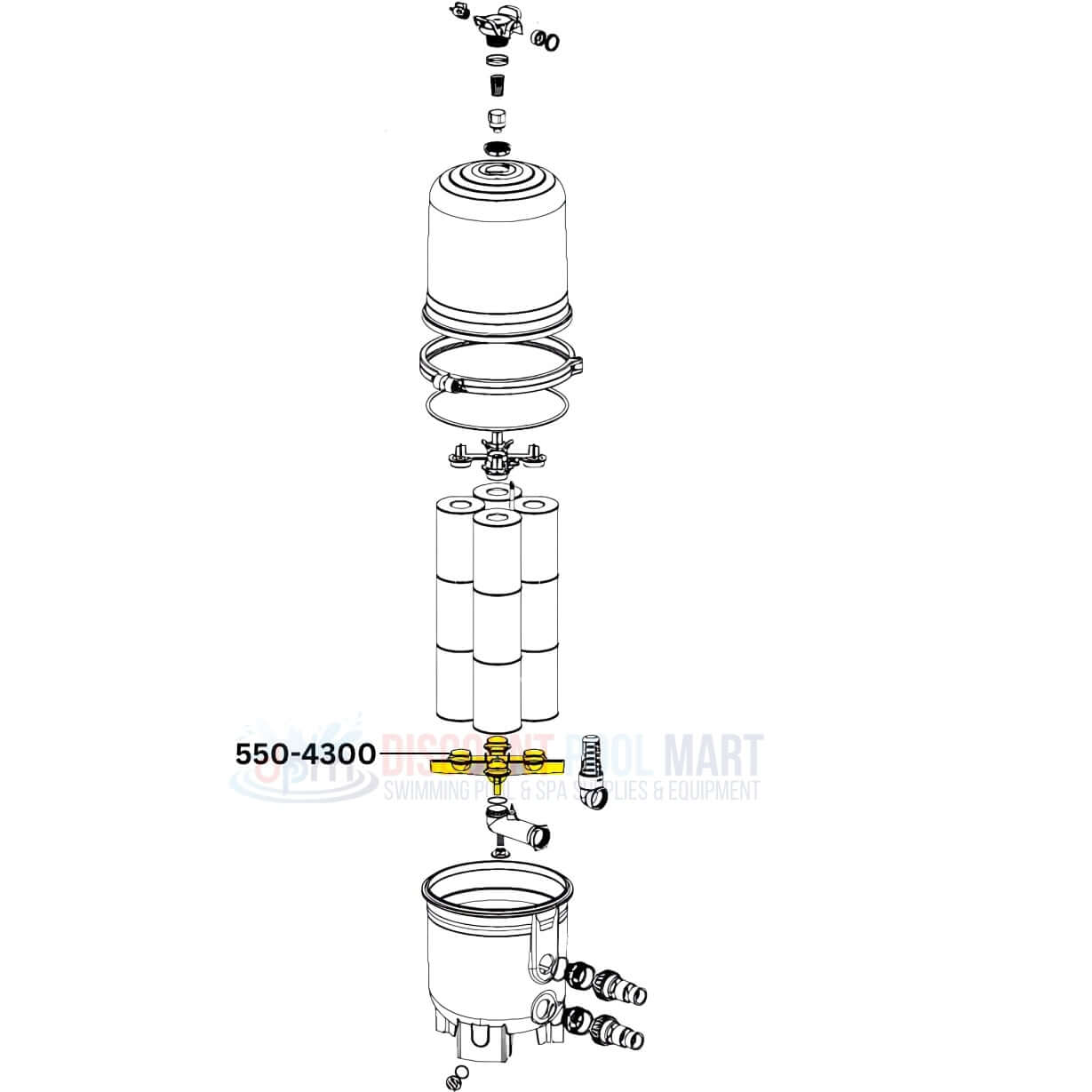 Waterway Manifold Assembly for Crystal Water Cartridge Filters 550-4300 from Discount Pool Mart DPM, detailed diagram.