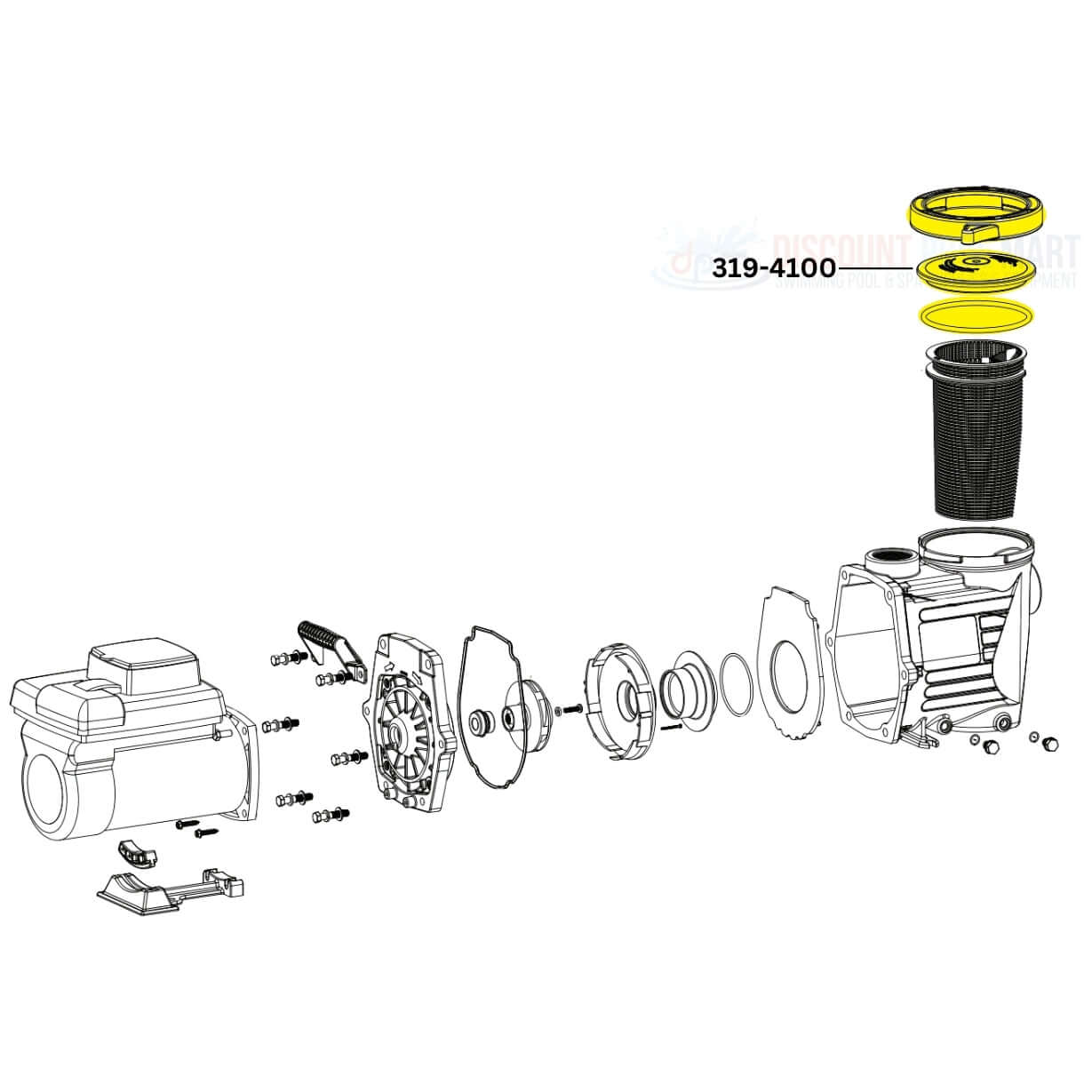 Exploded view of Waterway Trap Lid 319-4100 for pumps by Discount Pool Mart DPM, showing components and assembly.