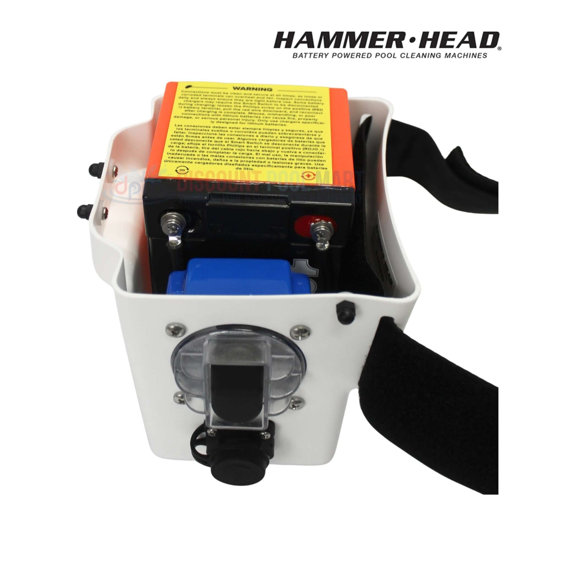 HammerHead Remora Portable Pool Vacuum XR1600 wearable lithium battery pack with warning label. DPM, pool supplies.
