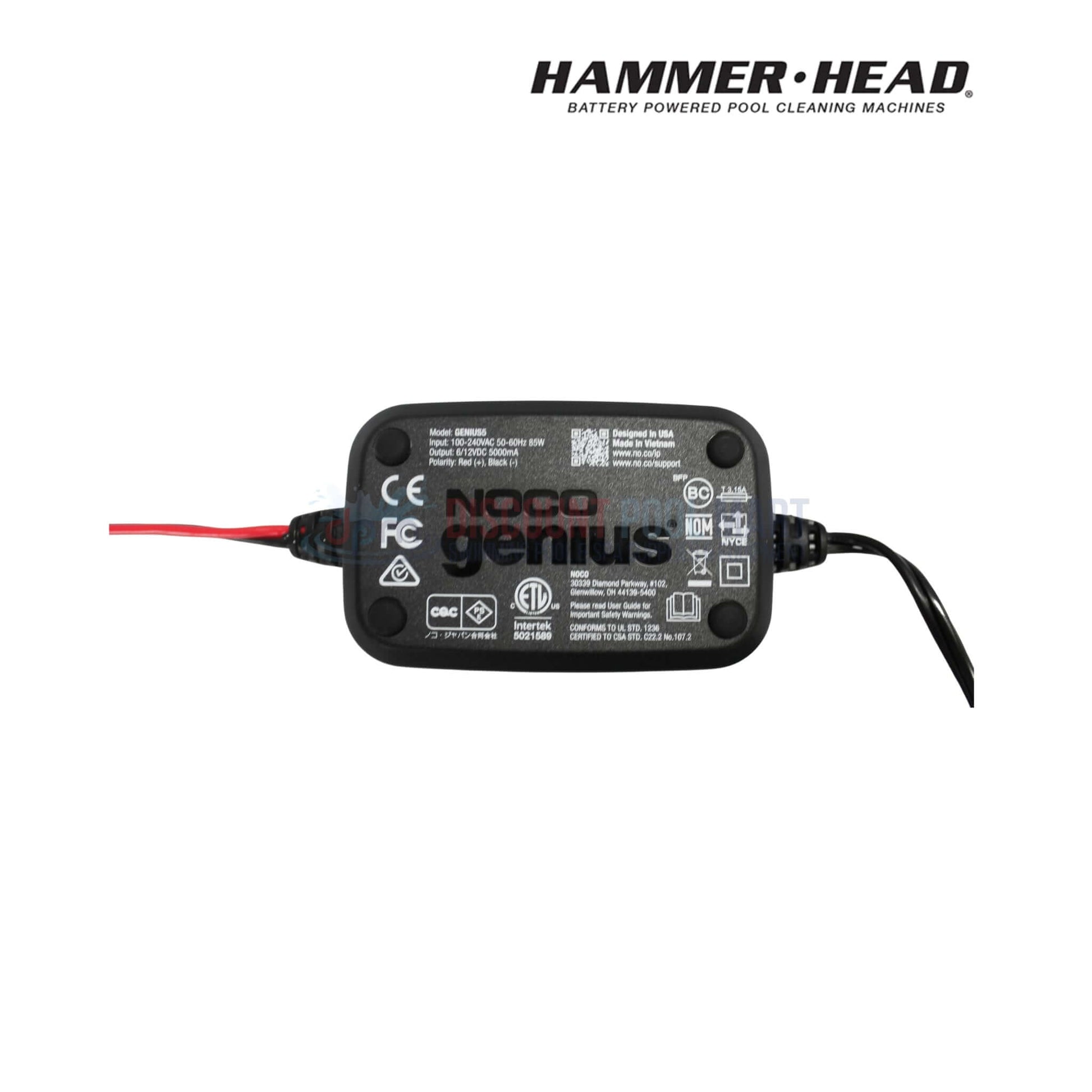 HammerHead Remora Portable Pool Vacuum XR1600 battery charger with label, ideal for pool maintenance. Discount Pool Mart supplies.