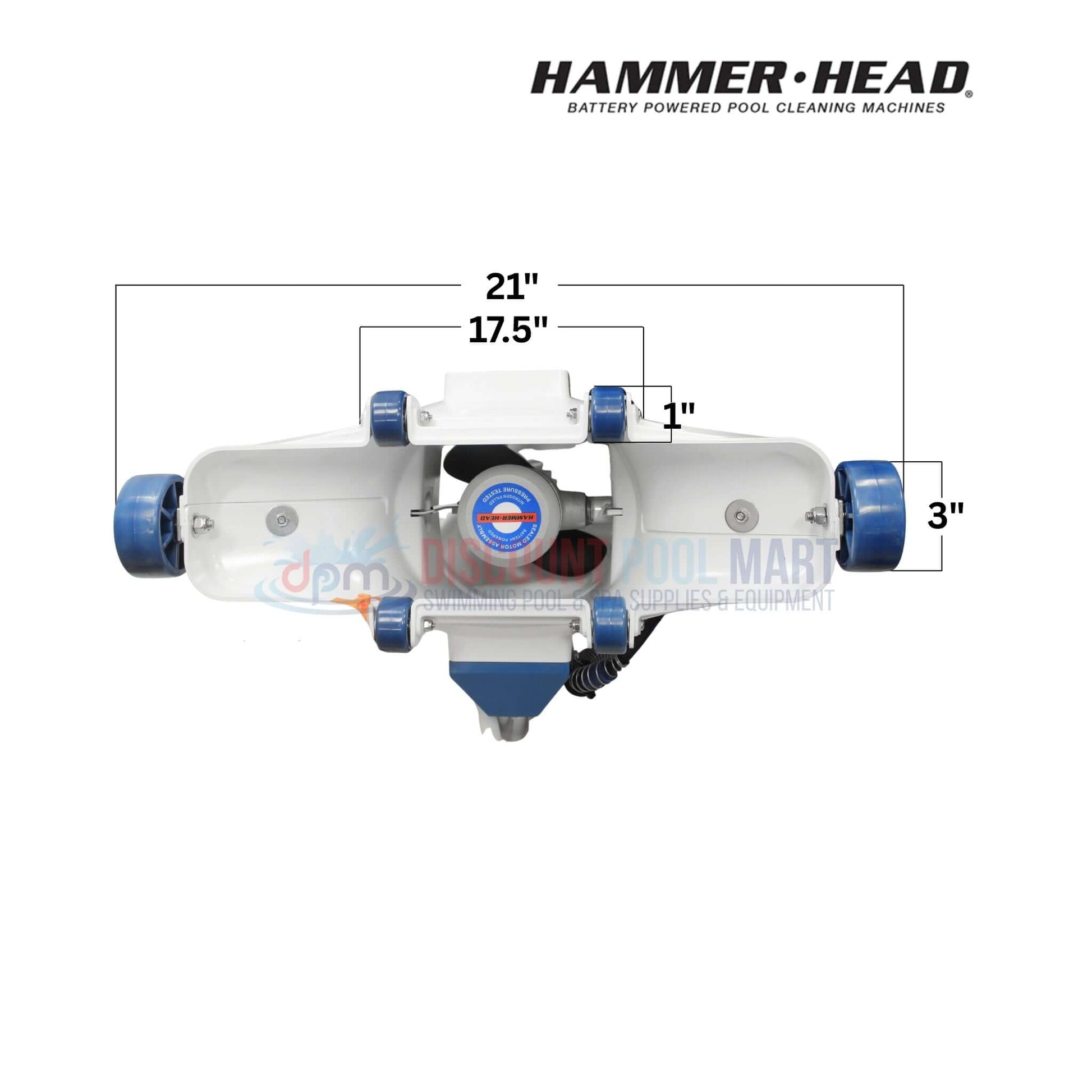 HammerHead Remora Portable Pool Vacuum XR1600 top view, showcasing dimensions, battery pack, and wheels, ideal for pool cleaning by Discount Pool Mart.