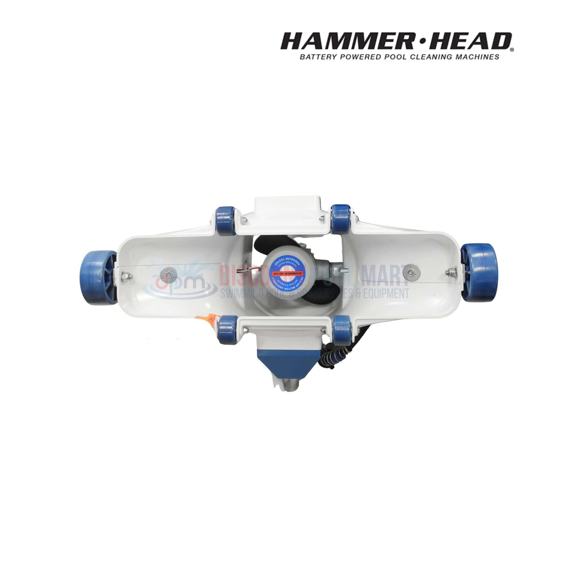 XR1600 | HammerHead Remora Portable Pool Vacuum from Discount Pool Mart, showing a top view with blue wheels and compact design.