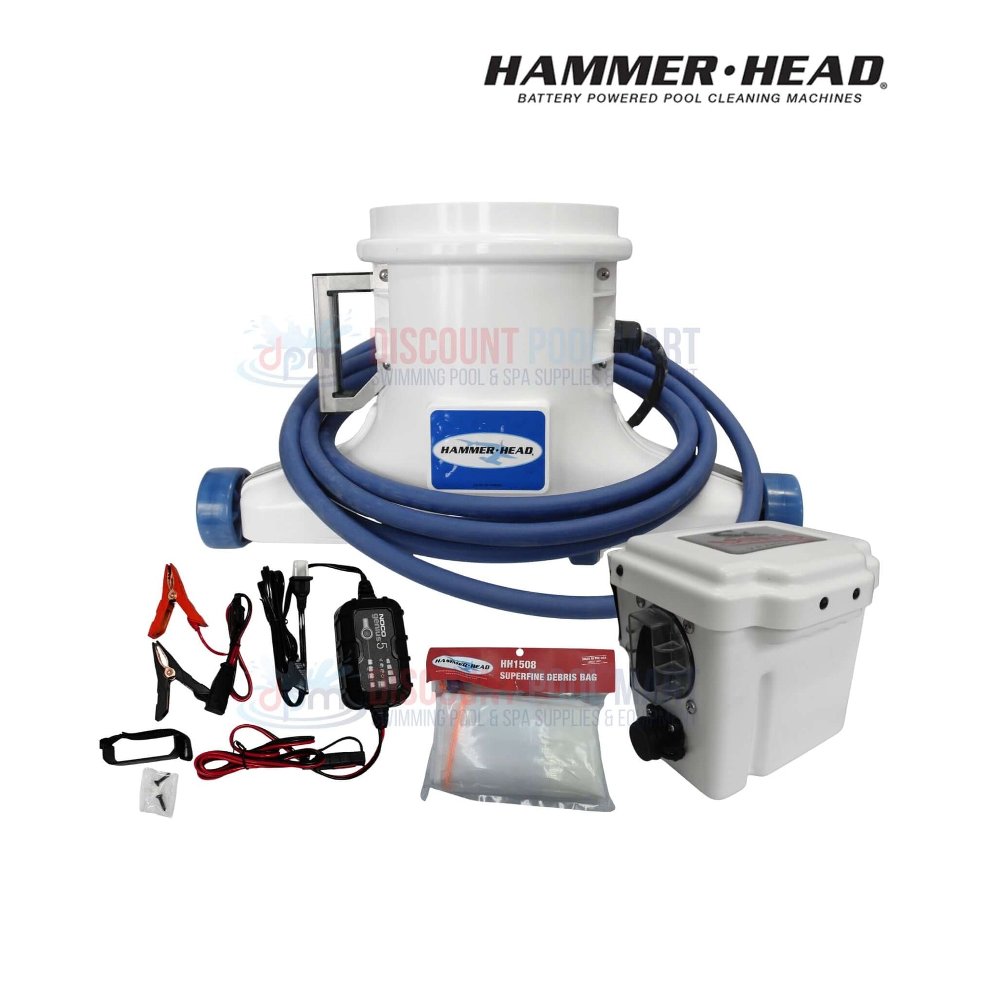 XR1600 | HammerHead Remora Portable Pool Vacuum with accessories from Discount Pool Mart, showcasing its battery pack and hoses.