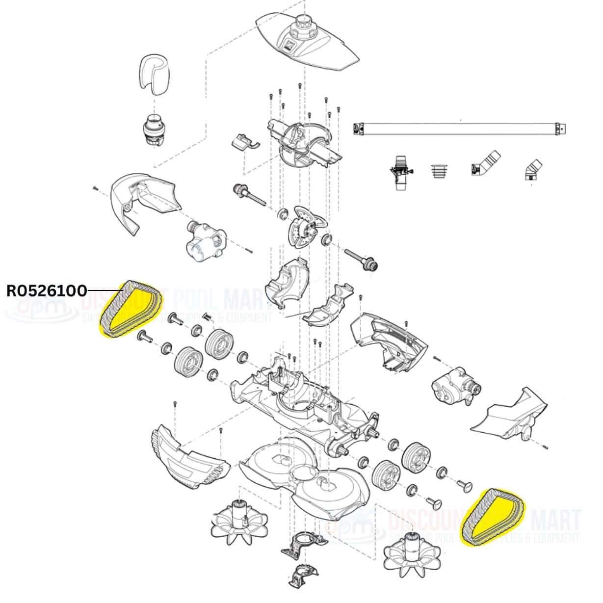 Zodiac MX8 and MX6 replacement parts diagram, including R0526100 track tires from Discount Pool Mart DPM.