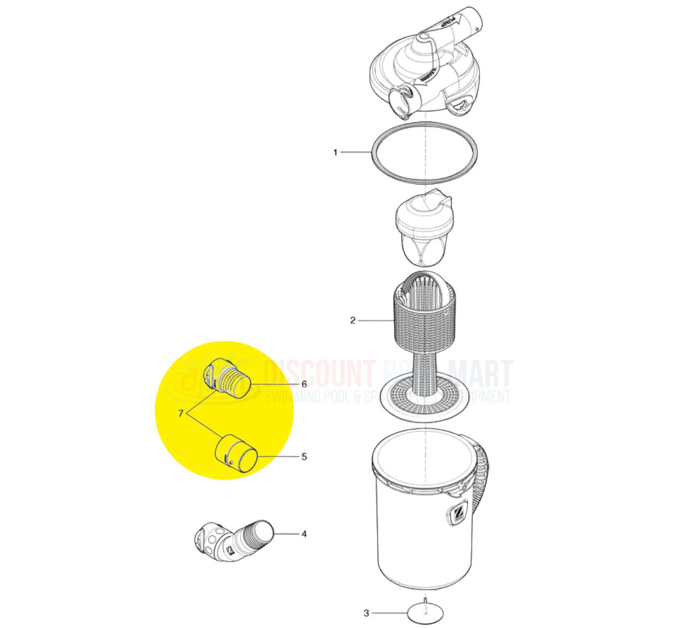 Zodiac Twist Lock Cuff Male Adapter Kit parts diagram highlighting key components for Cyclonic Leaf Catcher at Discount Pool Mart DPM.