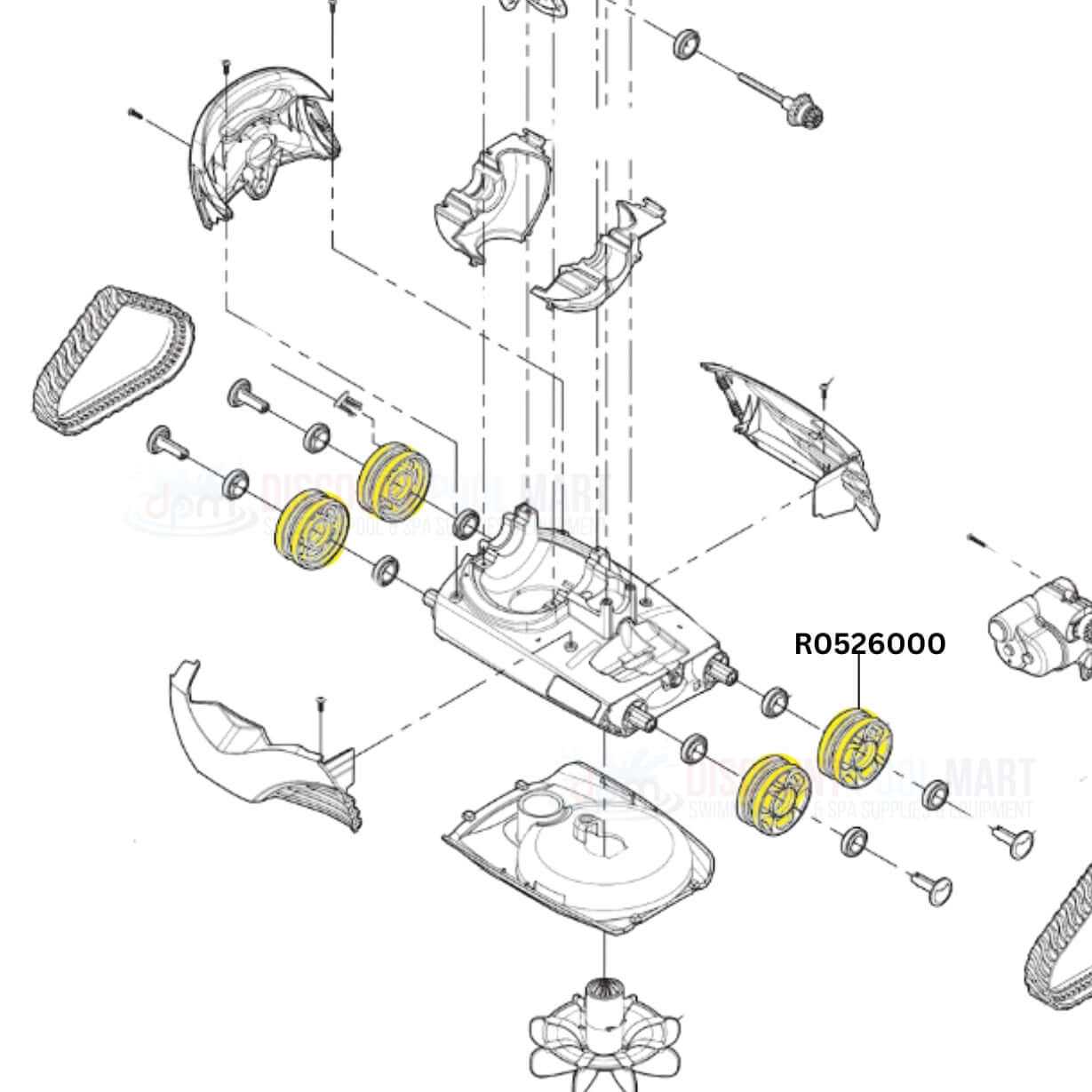 Zodiac Wheel R0526000 exploded view, replacement for MX6 and MX8, available at Discount Pool Mart DPM.