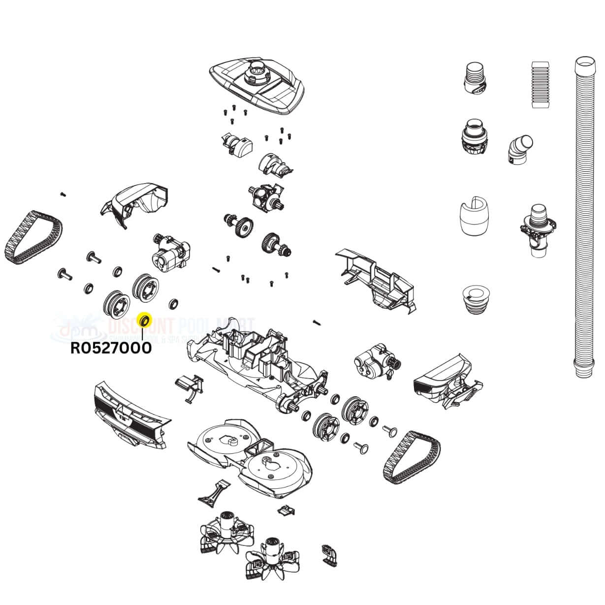 Diagram of Zodiac Wheel and Engine Bearing R0527000, compatible with Barracuda MX8 and MX6 cleaners, from Discount Pool Mart DPM.