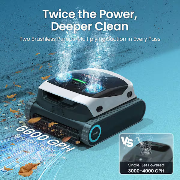 Two brushless pumps deliver 6,600 GPH of suction versus 3,000 to 4,000 GPH for single-jet cleaners