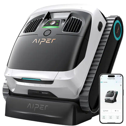 Aiper Scuba N1 Max on its charging dock beside the Aiper app showing Smart, Floor and Wall cleaning modes