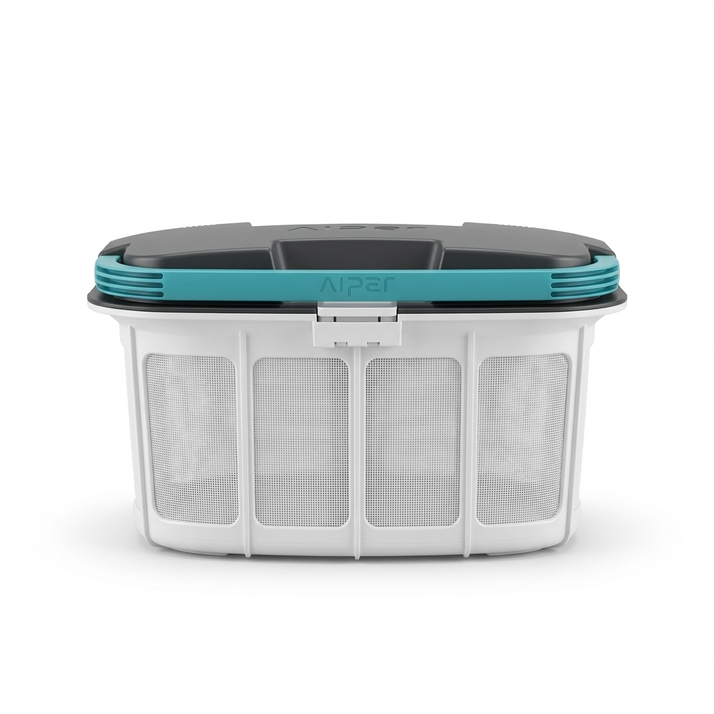 Scuba N1 Max filter basket closed with handle folded flat, mesh side panels visible