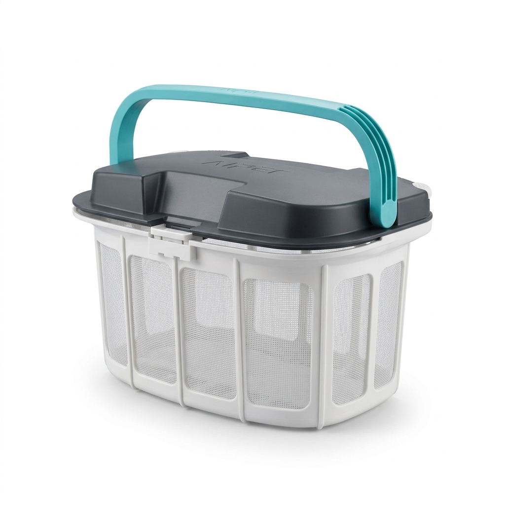 Scuba N1 Max heavy-duty filter basket with its teal carry handle raised