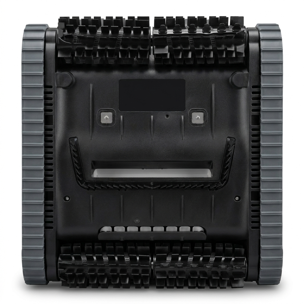 Underside of the Aiper Scuba N1 Max with two full-width brush rollers and tracked drive
