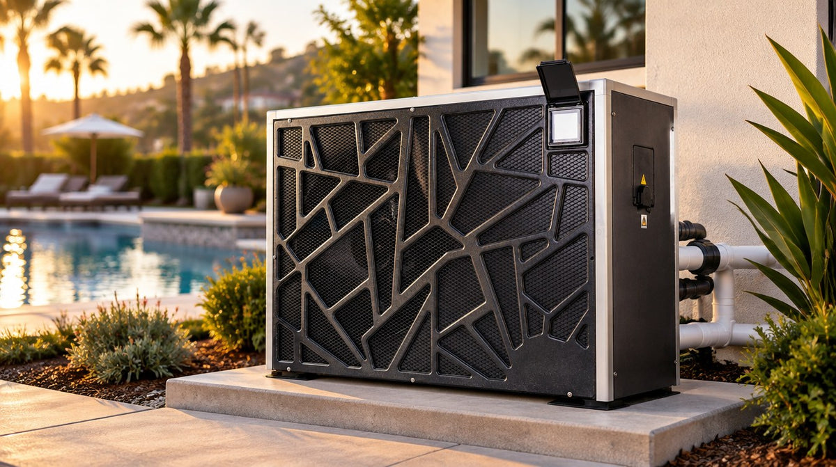 AquaCal TropiCal inverter heat pump installed on an equipment pad beside a Southern California pool