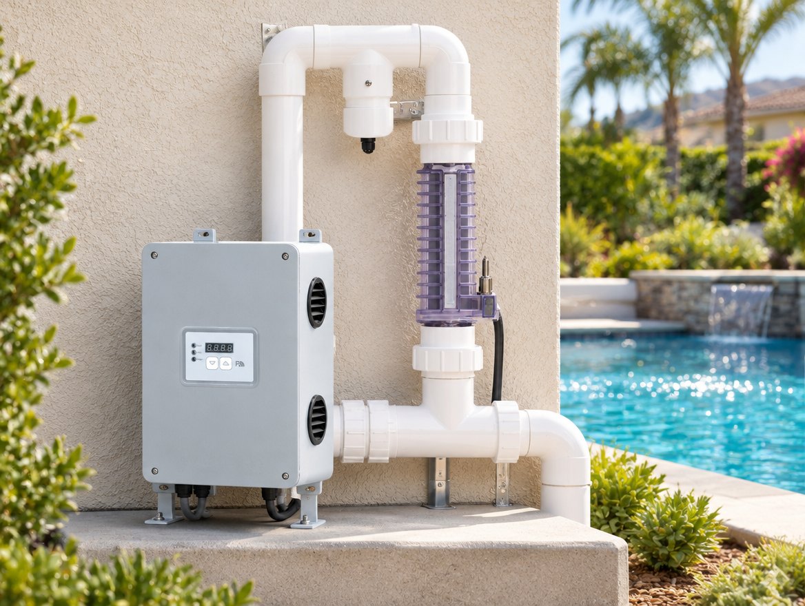AutoPilot Pool Pilot Evolve salt chlorine generator installed on a pool equipment pad