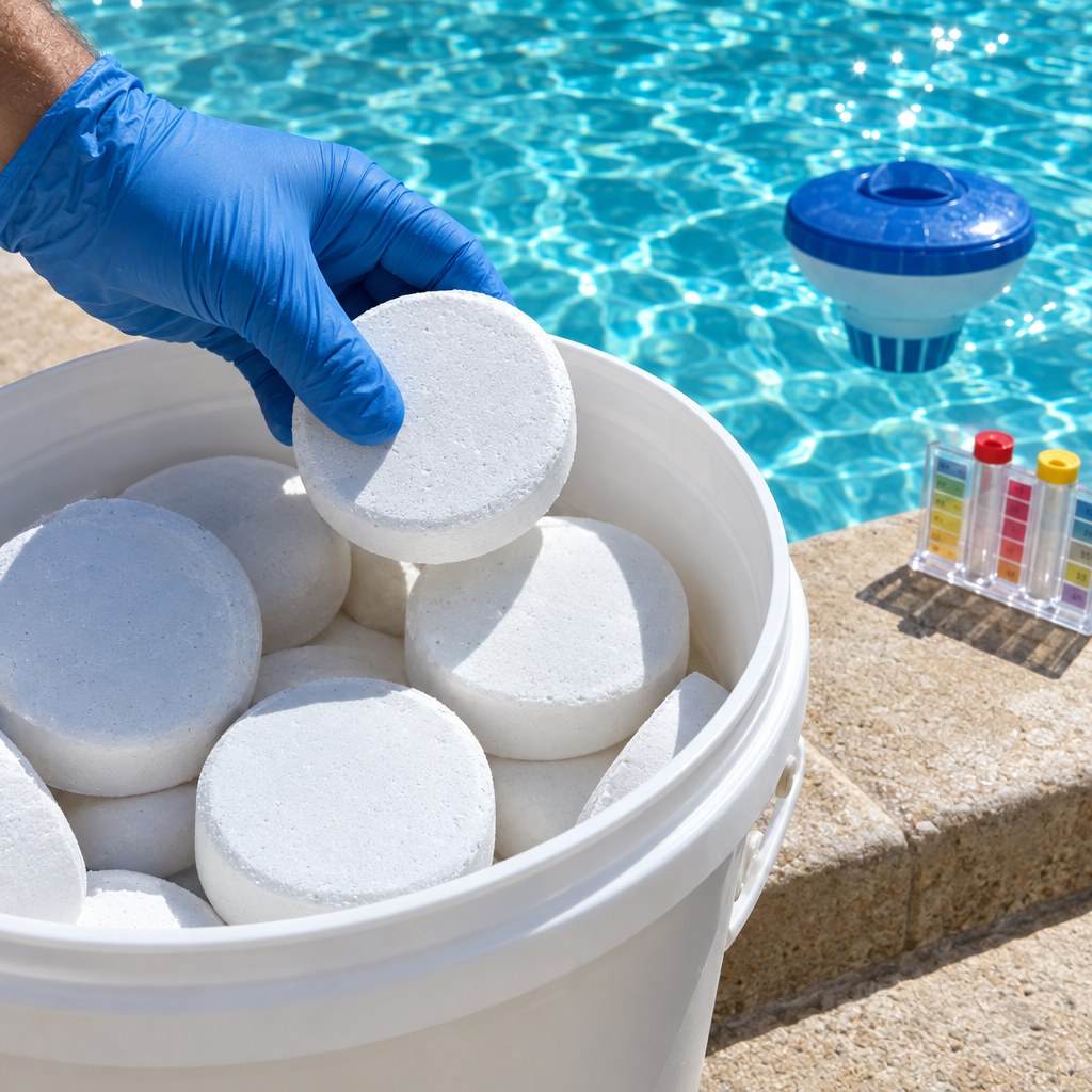 Gloved hand adding chlorine tablets to a sparkling pool