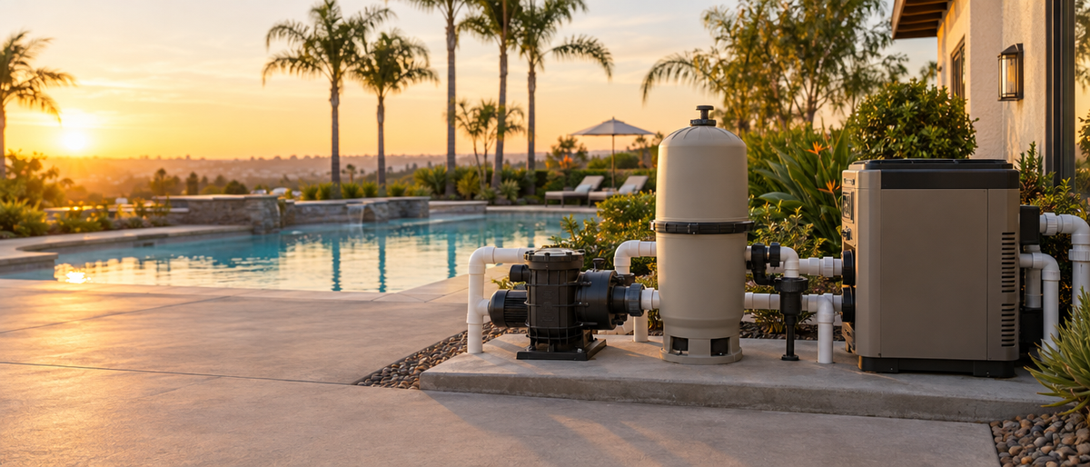 Pool equipment pad with a variable-speed pump, cartridge filter and gas heater beside a Southern California backyard pool at sunset
