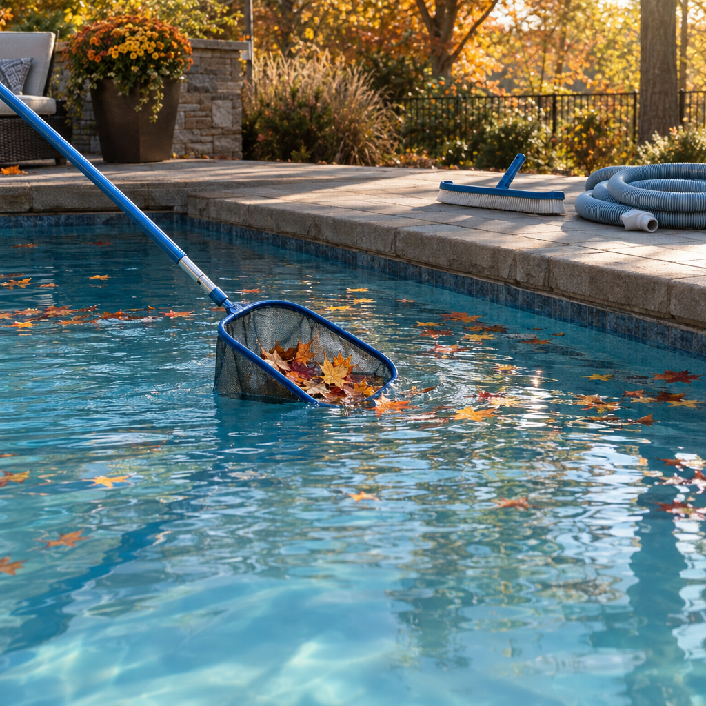 Leaf net on a telescoping pole skimming fall leaves from a backyard pool, with a wall brush and vacuum hose on the deck