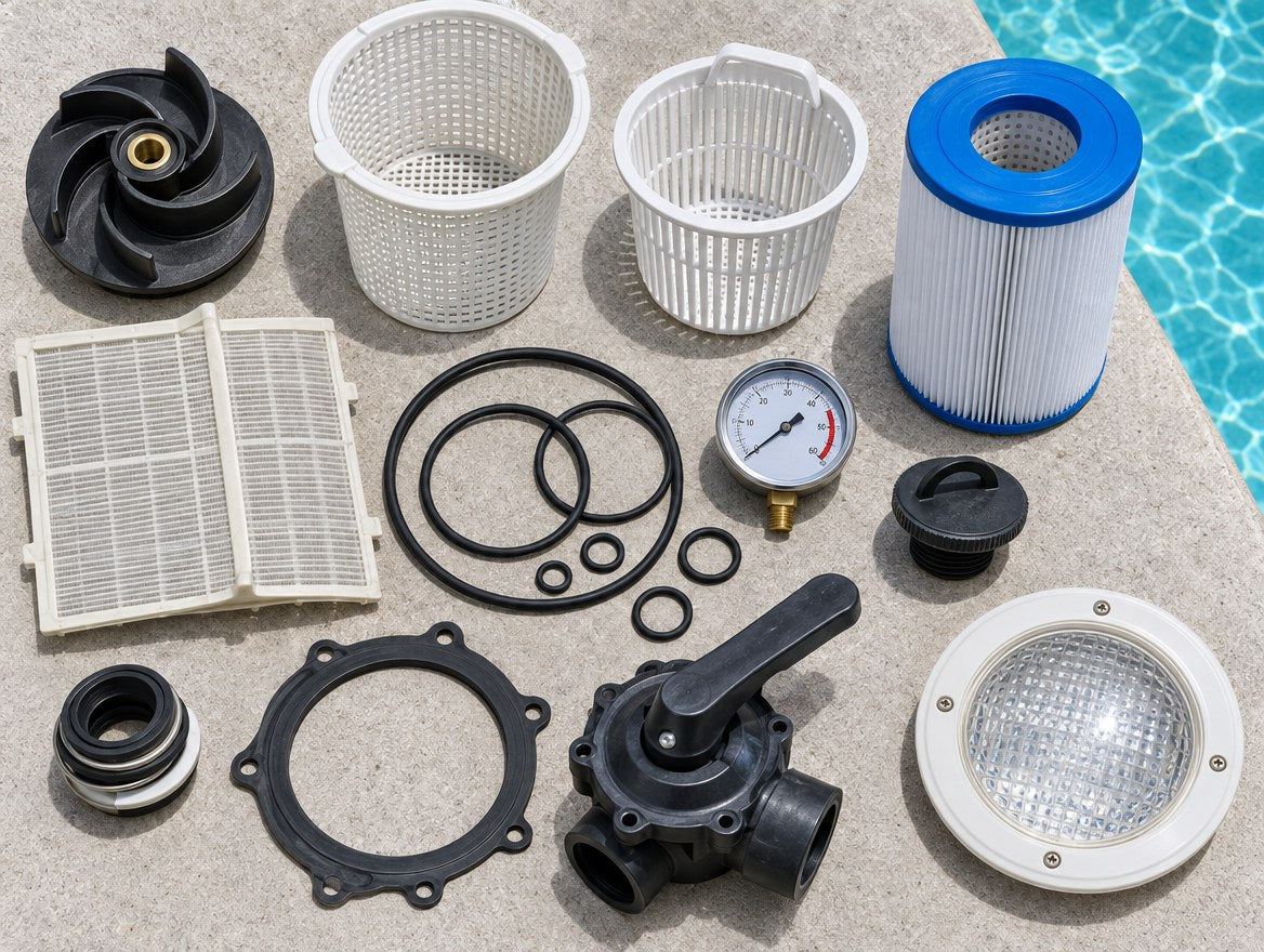 Pool equipment replacement parts laid out by the pool edge: pump lid, impeller, filter cartridge, o-rings, gaskets and gauges
