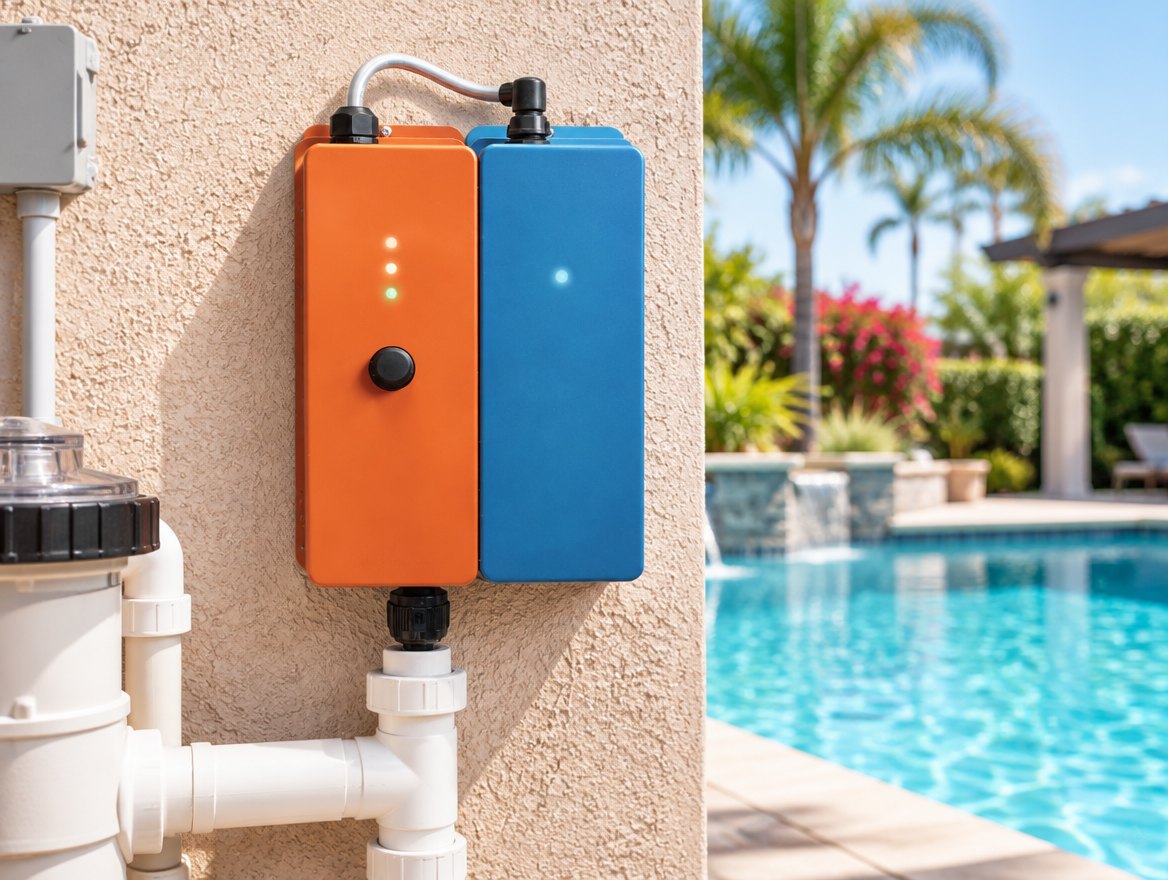 Clear Comfort AOP pool sanitizer wall-mounted at an outdoor equipment area