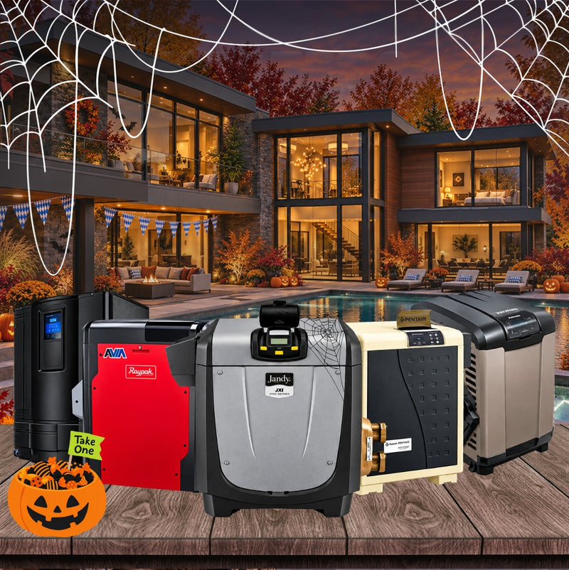 Pool heaters and heat pumps from Raypak, Jandy, Hayward and Pentair on a Halloween-decorated pool deck