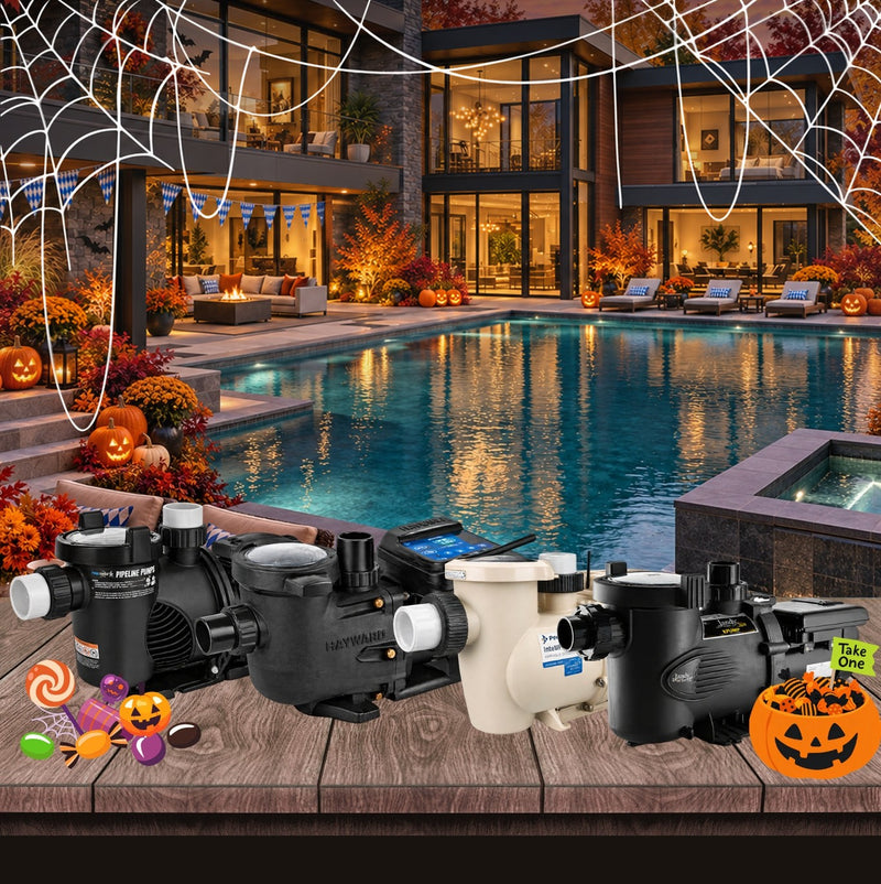 Variable-speed and single-speed pool pumps from Pentair, Hayward and Jandy on a Halloween-decorated pool deck