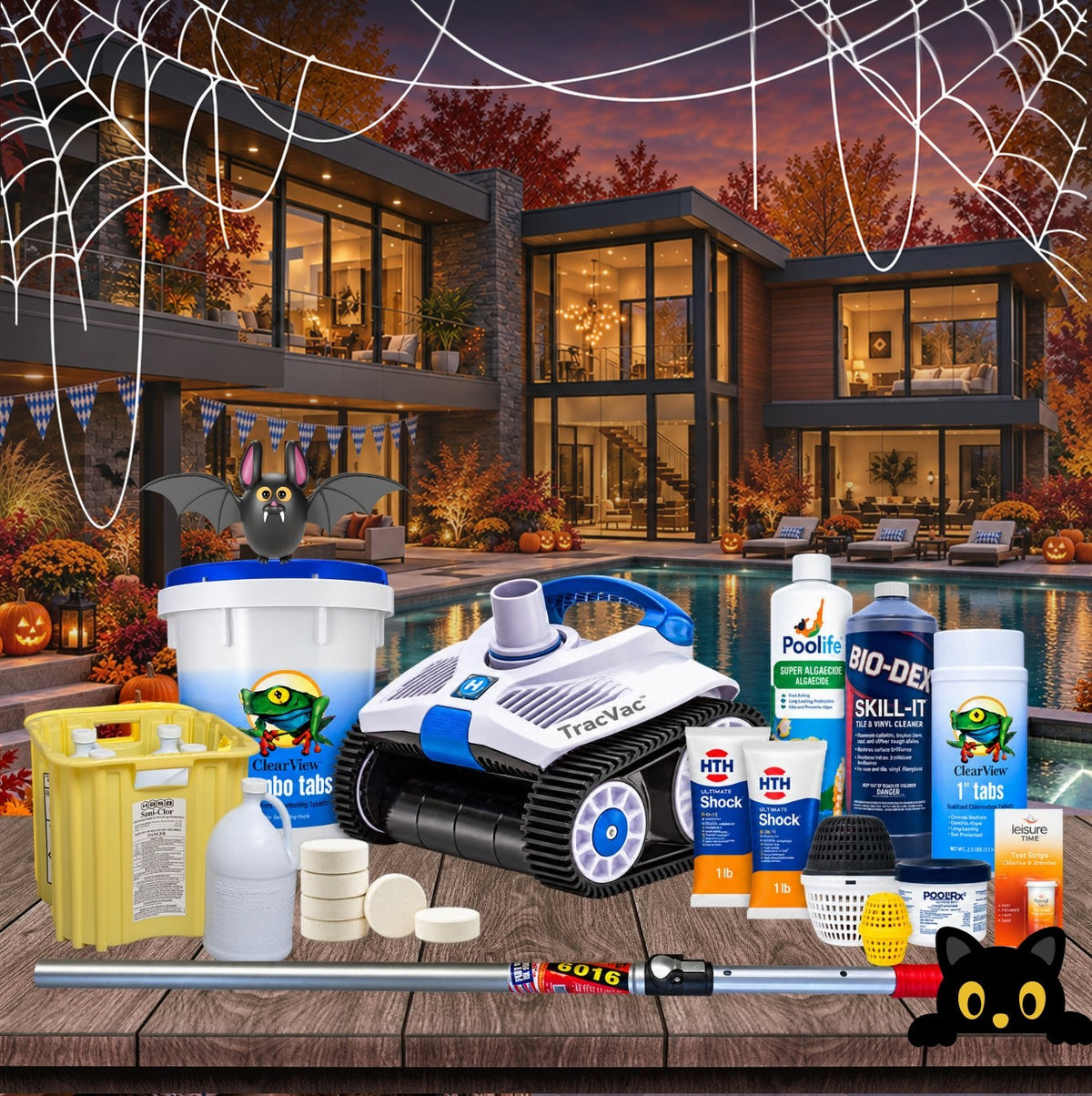 Fall pool supplies at Discount Pool Mart: robotic cleaner, chlorine tabs, shock, algaecide and brushes on a Halloween-decorated pool deck