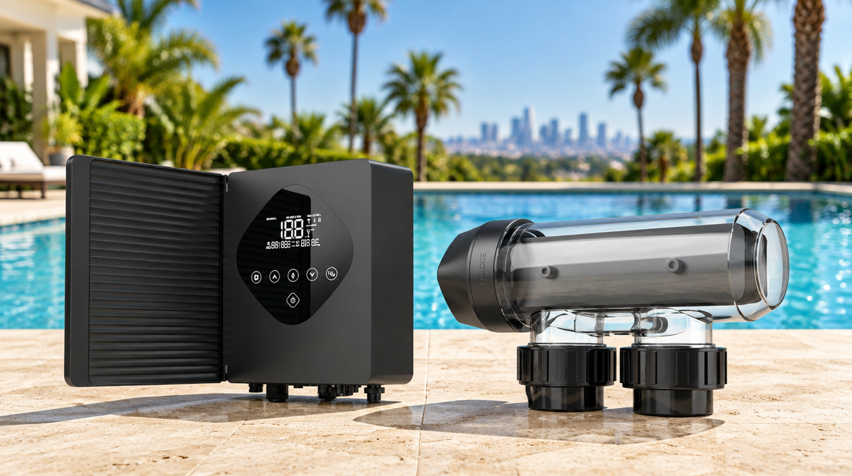 MadiMack Smart InverChlor salt chlorinator controller and cell on a pool deck with the LA skyline behind