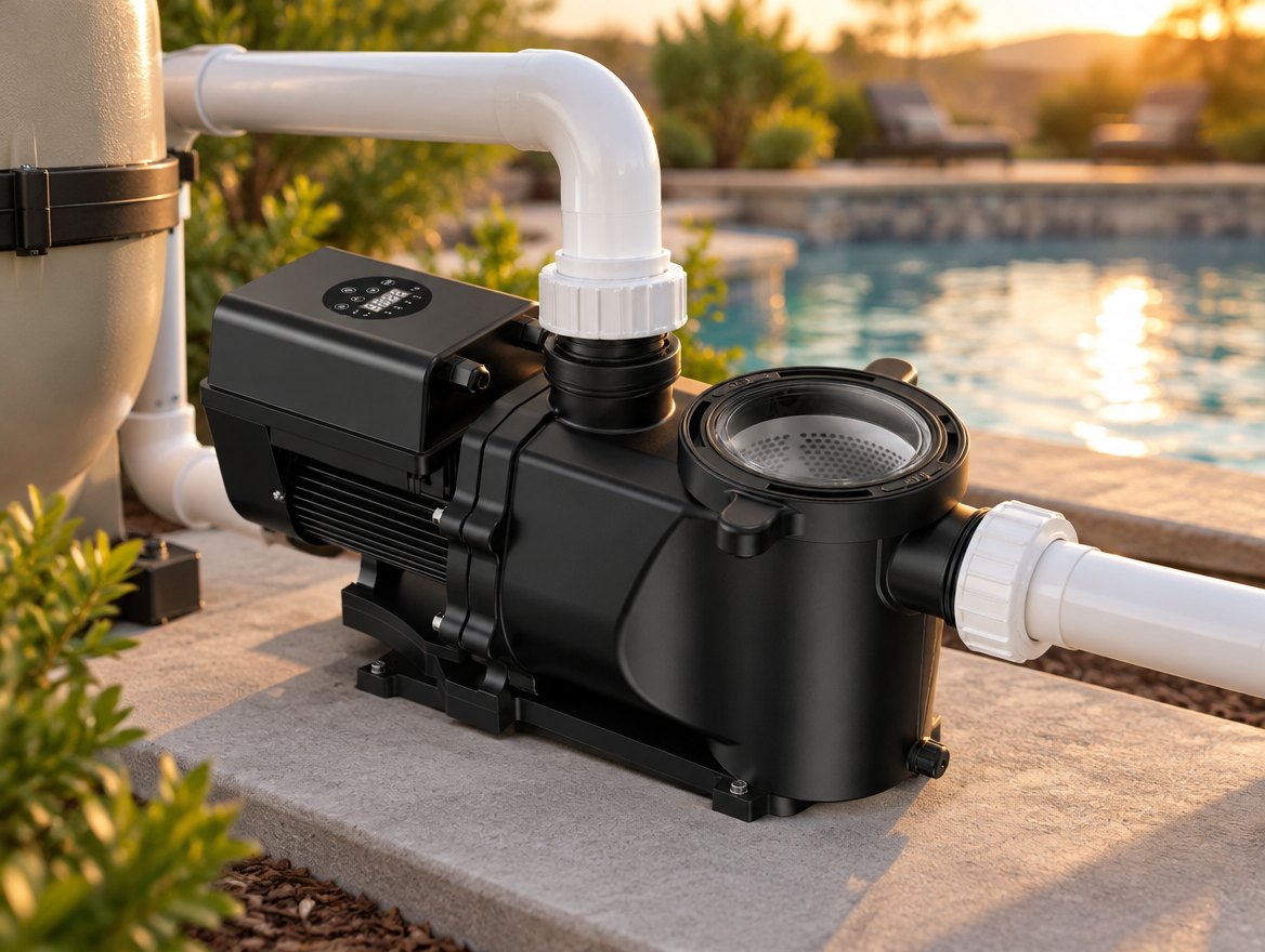 MadiMack InverFlow Plus variable-speed pool pump on a concrete equipment pad