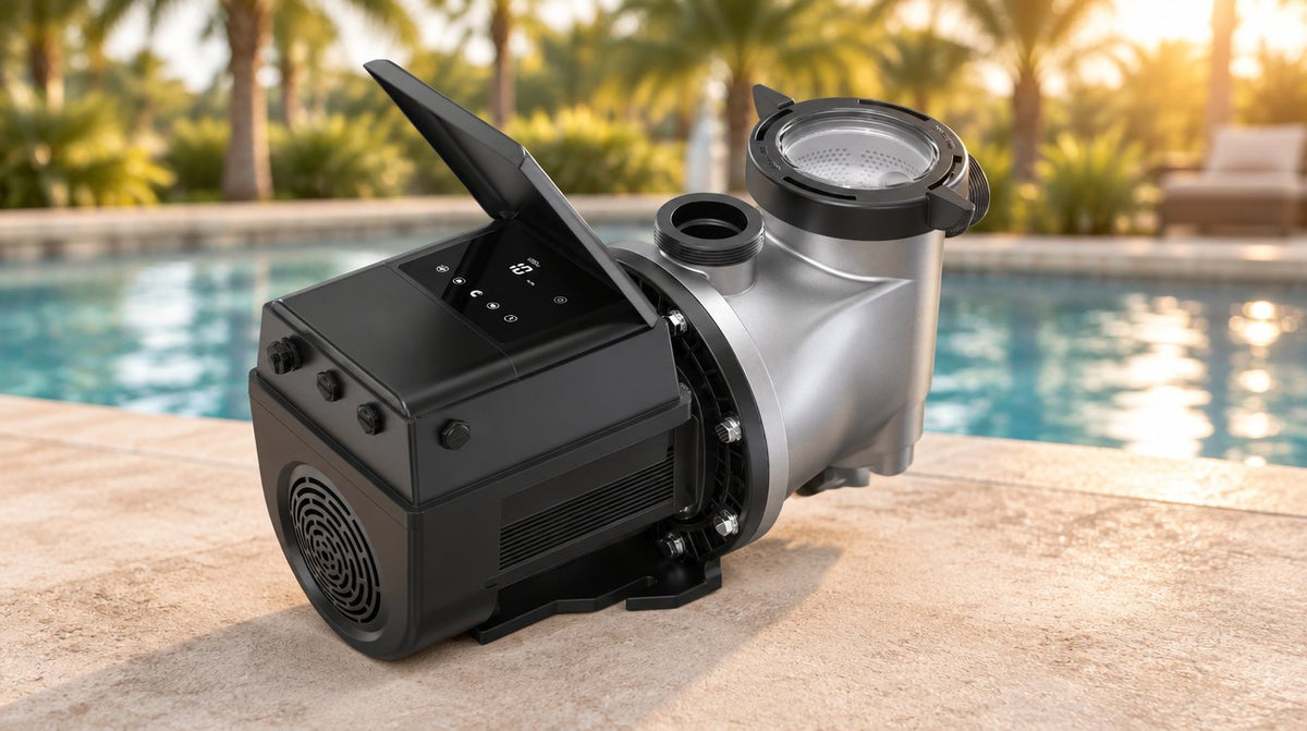 Moov Ai 2.7 HP inverter variable-speed pool pump beside a backyard pool