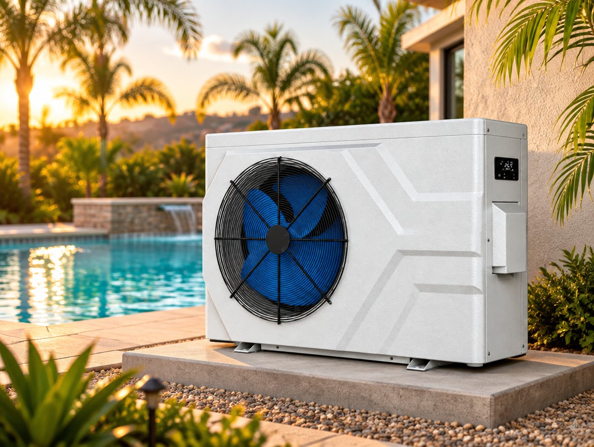 Moov inverter pool heat pump on an equipment pad beside a backyard pool