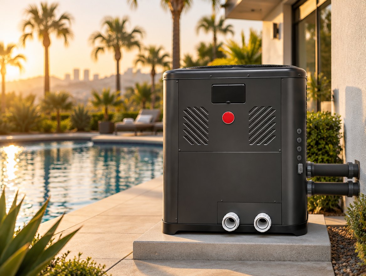 Raypak Crosswind V heat and cool pump on a concrete pad beside a Los Angeles pool