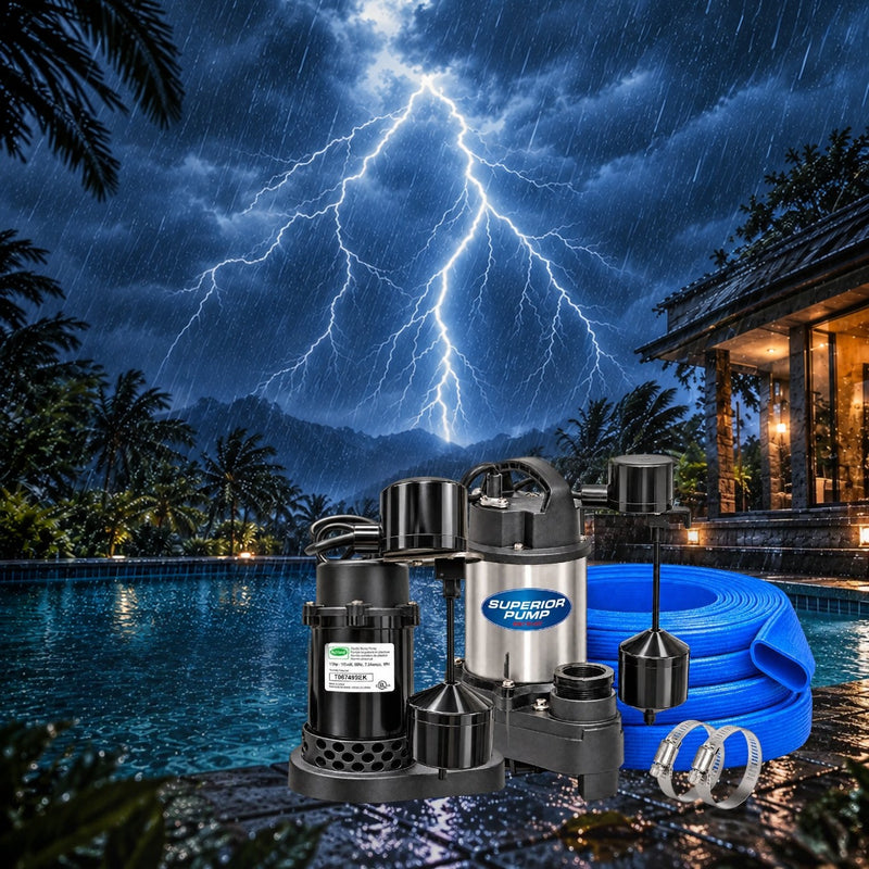 Storm prep: Superior Pump submersible pumps, blue discharge hose and clamps beside a pool in a lightning storm