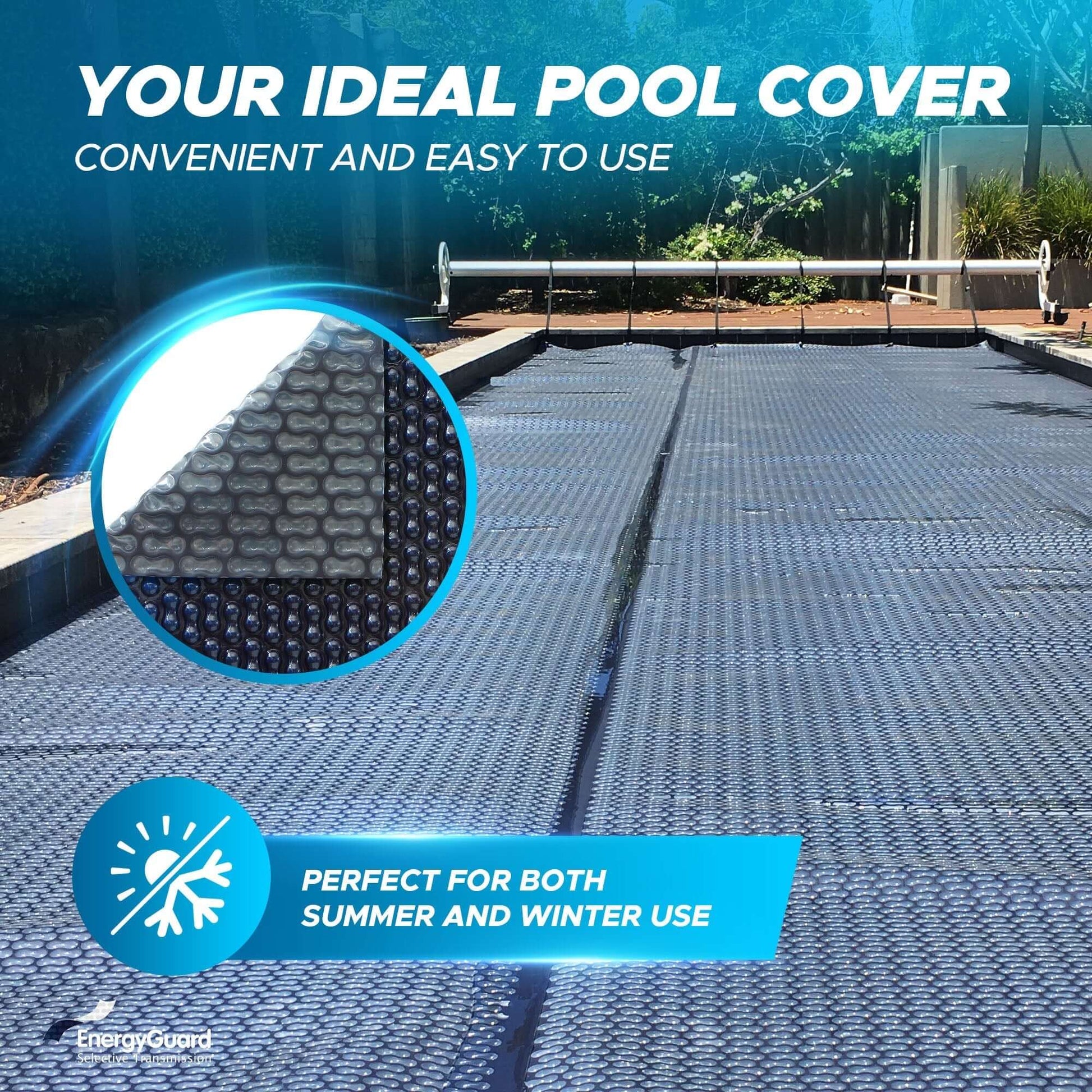 Visual breakdown of UV protection and chemical reduction benefits with the EnergyGuard™ GeoBubble pool cover.