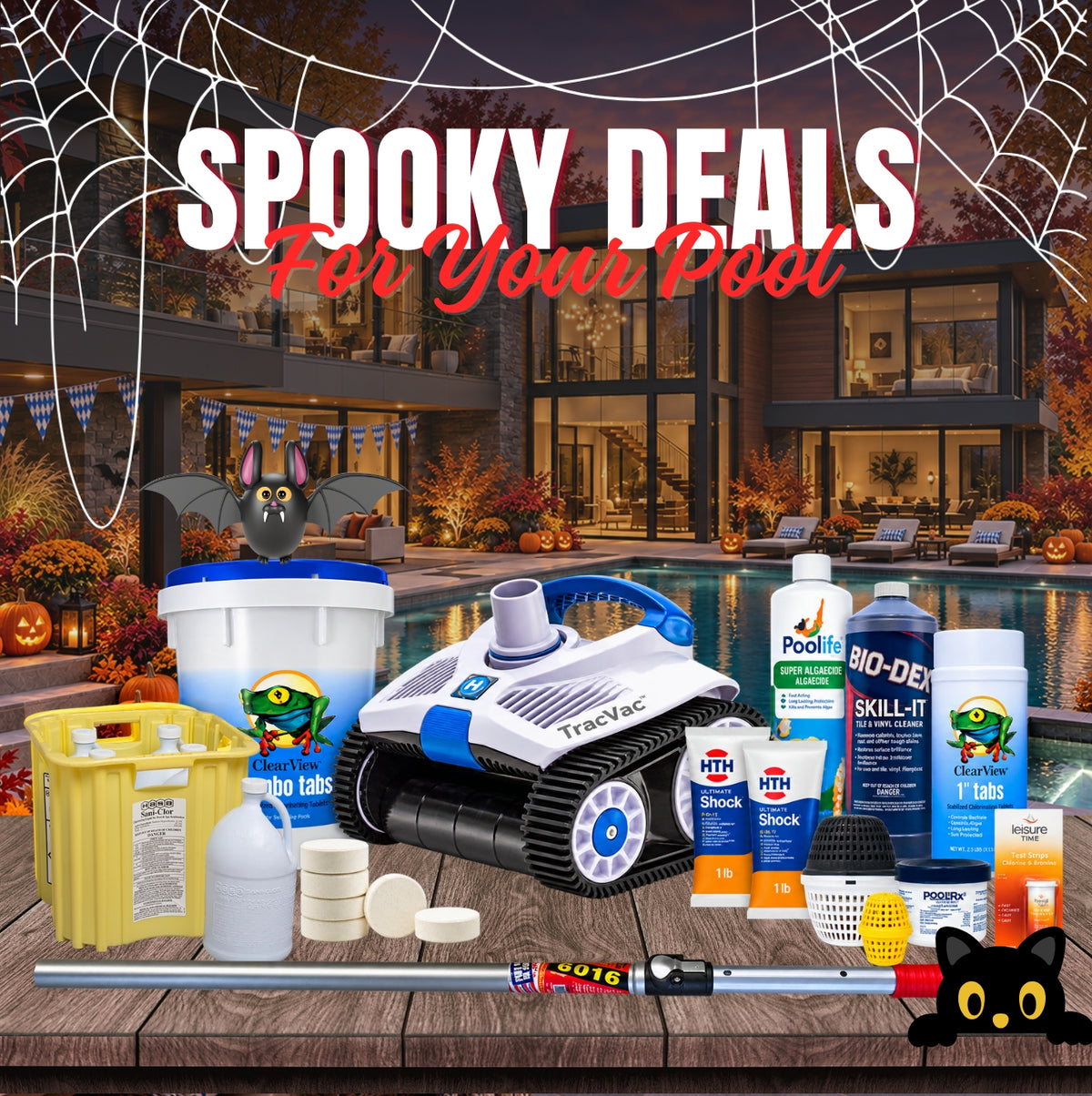 Spooky Deals for your pool: fall savings on pool chemicals, chlorine tabs, shock, robotic cleaners and maintenance tools