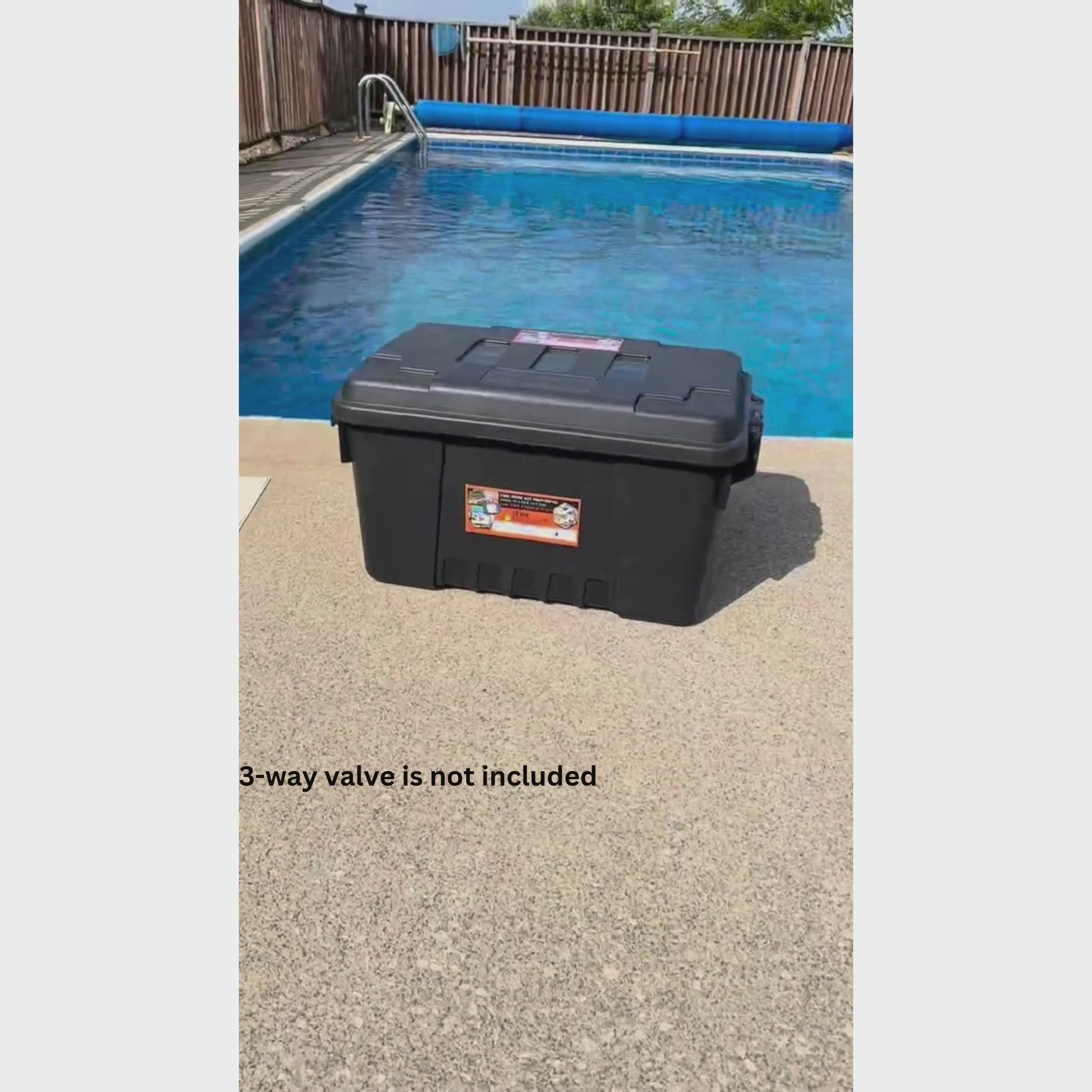 FireFighter1 fire hose storage box by Discount Pool Mart DPM, positioned next to a swimming pool.