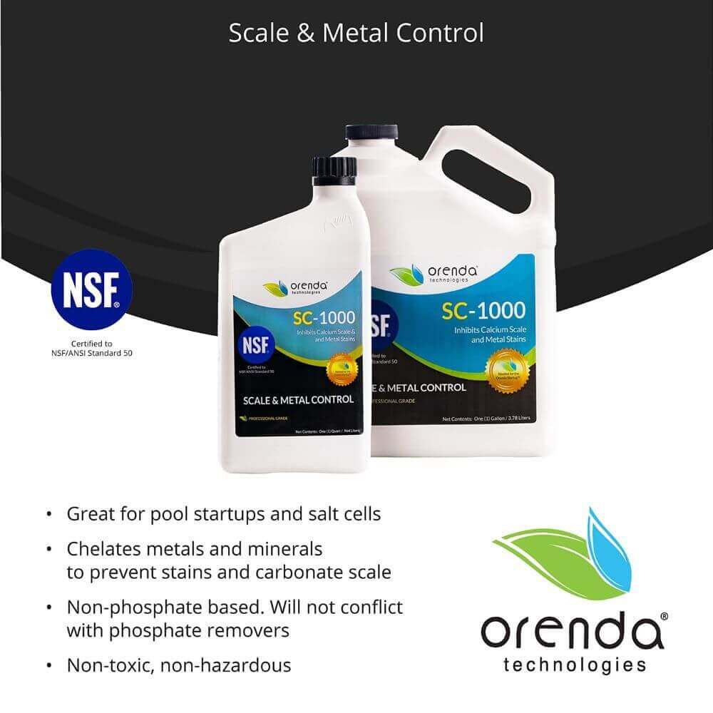 Orenda SC-1000 Scale and Metal Control solution for pools, provided by Discount Pool Mart (DPM). Non-toxic and NSF certified.